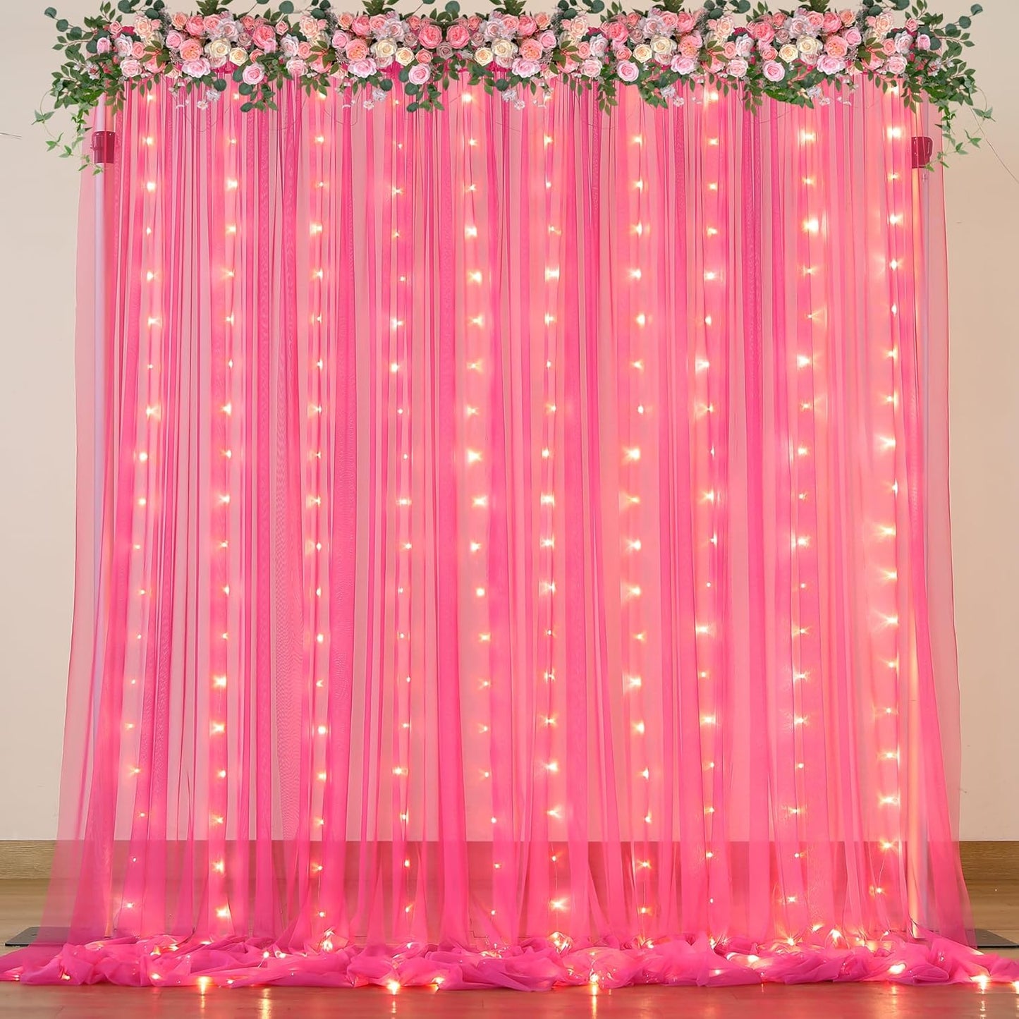 Hot Pink Tulle Backdrop Curtain with Lights for Parties 10x8ft Fuchsia Sheer Backdrop Curtains for Weddings Birthday Baby Shower Photo Shoot Background Decorations