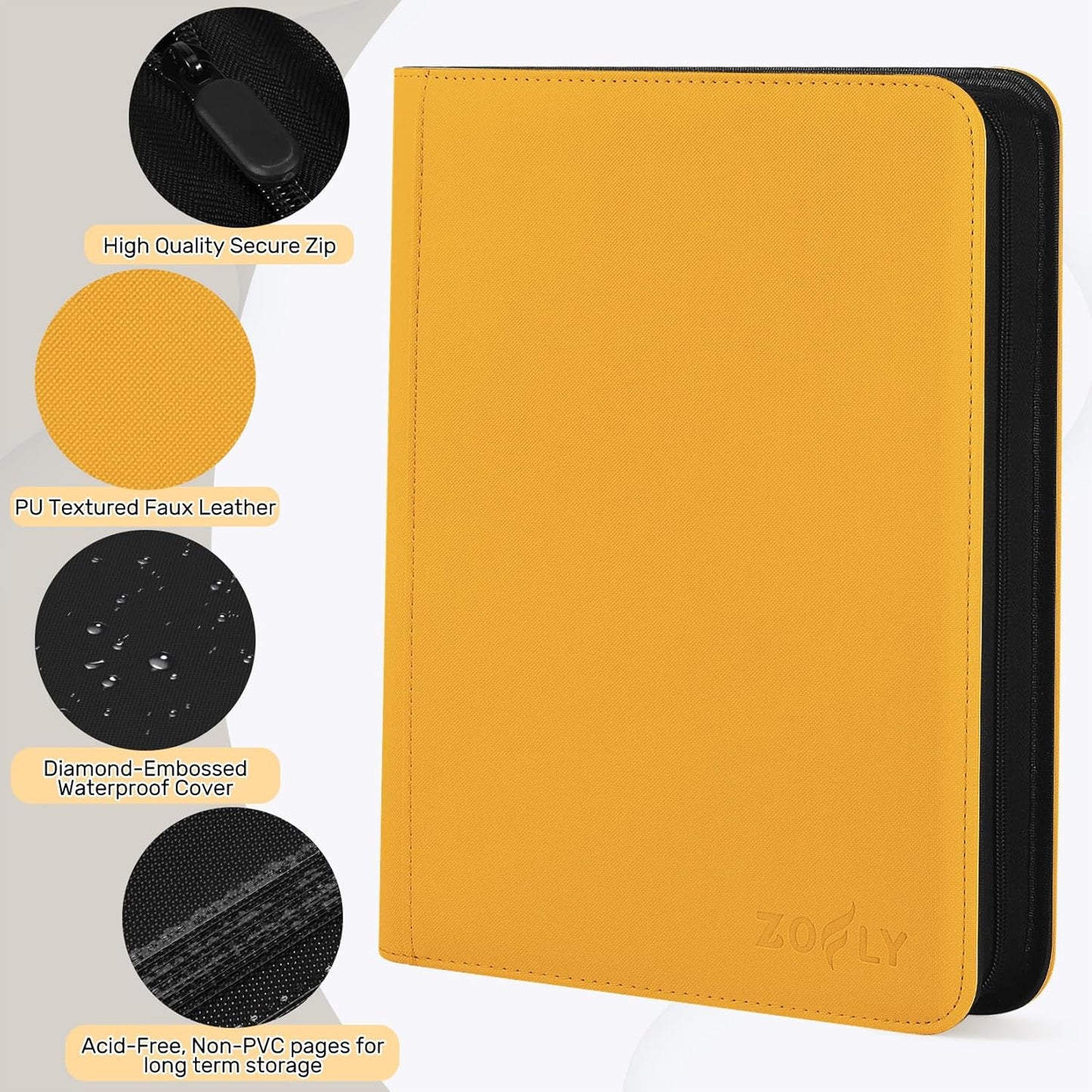 9 Pocket Card Binder, 540 Premium Zip Trading Card Binder, Double-sided Side Loading Card Collection Binder Album, Durable Leather Cover, Ringless Card Folder for Gifts, MTG, TCG, Sport Cards, Yellow