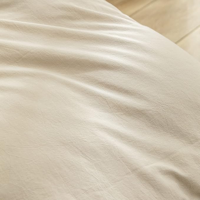 BESTOUCH Duvet Cover Set 100% Washed Cotton Linen Feel Super Soft Comfortable Chic Lightweight 3 PCs Home Bedding Set Solid Almond Milk Grey Oversized Full
