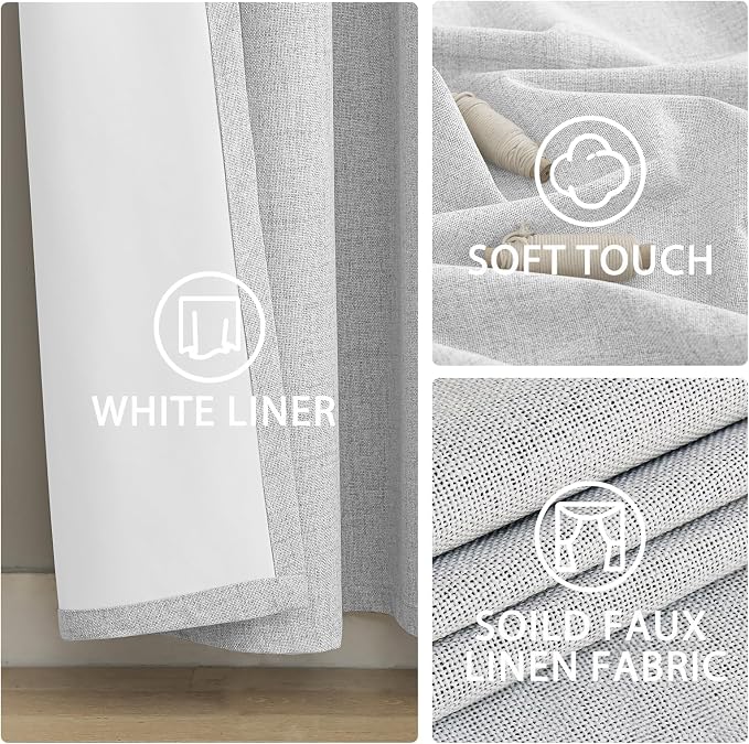 Yakamok White Linen Curtains 100% Blackout 72 Inches Long, Room Darkening - Image 6