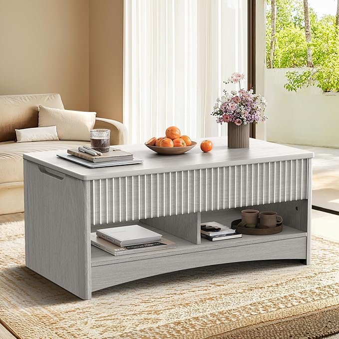 Marsail Lift Top Coffee Table with Open & Hidden Storage, Modern Fluted Coffee Table with Smooth Lift Mechanism, Sturdy Space-Saving Center Table for Home Living Room, Office, Light Grey
