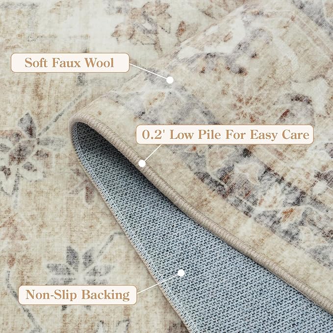 LIVEBOX Washable Area Rug 6x9 Rugs for Living Room Dining Room Under Table, Non-Slip Boho Neutral Carpet for Bedroom, Low-Pile Farmhouse Soft Carpets for Nursery Room Playroom, Tan