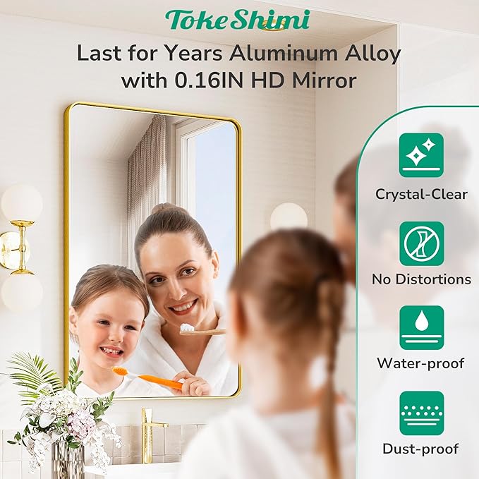TokeShimi 24x36 Brushed Gold Bathroom Mirror,Wall Mirror for Bathroom with Tempered Glass,Gold Bathroom Vanity Mirror for Over Sink,Aluminum Framed Mirror(Horizontal/Vertical)