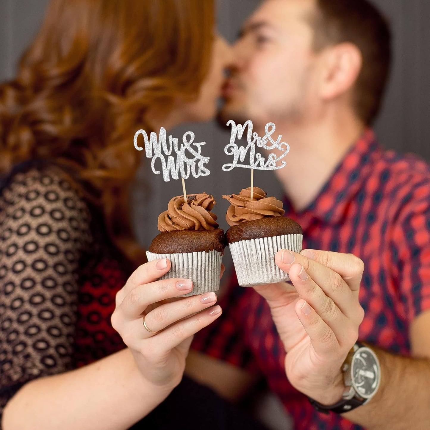 Gyufise 36Pcs Silver Glitter Mr & Mrs Cupcake Toppers Love Cake Decoration Picks for Wedding & Bridal Shower Party Supplies
