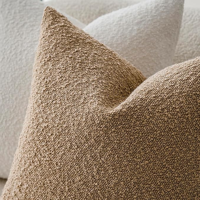 Foindtower Set of 2, Decorative Textured Boucle Throw Pillow Covers Accent Solid Pillow Cases Soft Cozy Couch Cushion Case for Chair Sofa Bedroom Living Room Home Decor 24 x 24 Inch Taupe Khaki Camel
