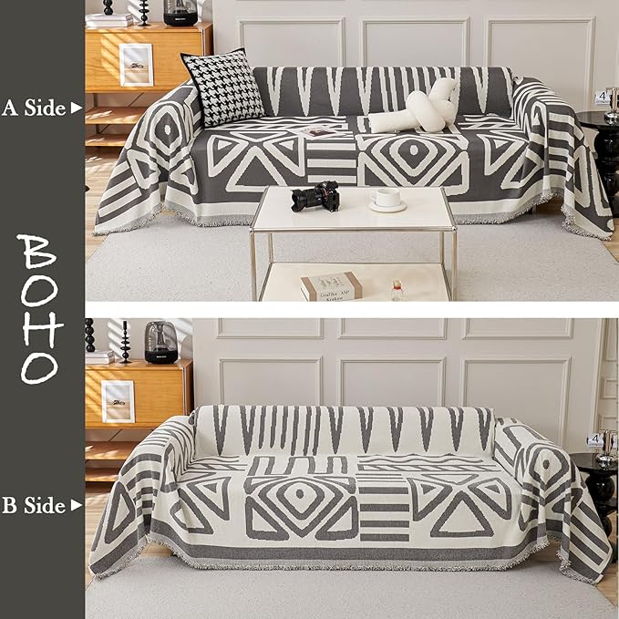 HANDONTIME Reversible Sofa Cover Boho Geometric Couch Cover for Dogs Dark Grey Couches Covers Washable Chenille Couch Covers for 3 Cushion Couch Pet Friendly Furniture Protector for Pets, 71" X71"
