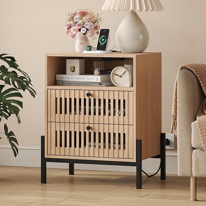 Vabches Nightstand with Charging Station and USB Ports,Industrial Style Fluted End Table, Bedside Table with 2 Drawers and Open Shelf, Sofa Side Table for Bedroom, Living Room, Set of 1