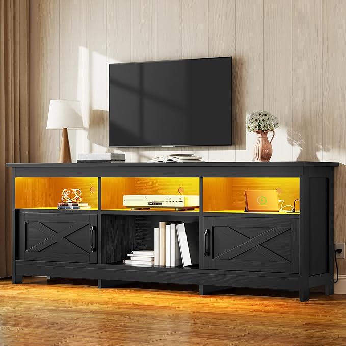 YITAHOME TV Stand for 80/75/70 Inch TVs with LED Lights, Farmhouse Entertainment Center with Storage Cabinets, Open Shelves & Adjustable Shelf for Living Room, Black