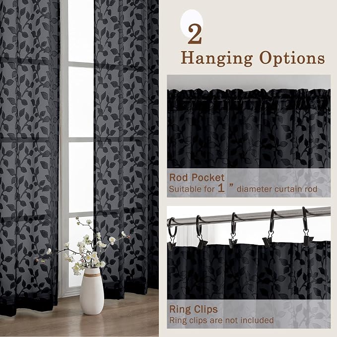 Chyhomenyc Black Sheer Curtains 24 Inch Length, Light Filtering Leaf Tufted - Image 6