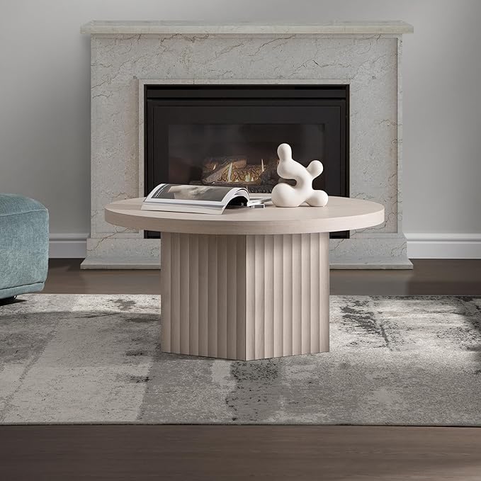SICOTAS Round Coffee Table for Living Room, 32" Circle Modern Fluted Center Coffee Table with Storage, Mid Century Accent Tea Dining Table for Small Space, Apartment, White Alder