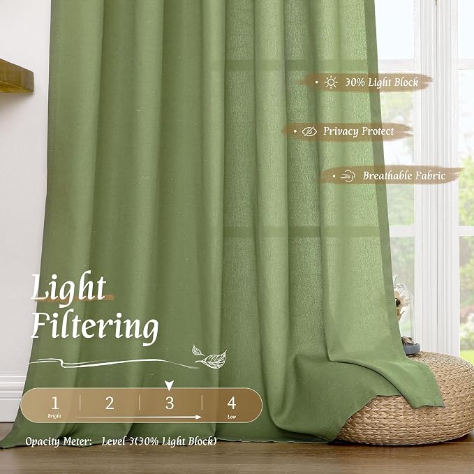 LAMIT Green Linen Curtains for Small Windows, 45 Inches Long Light Filtering - Image 4