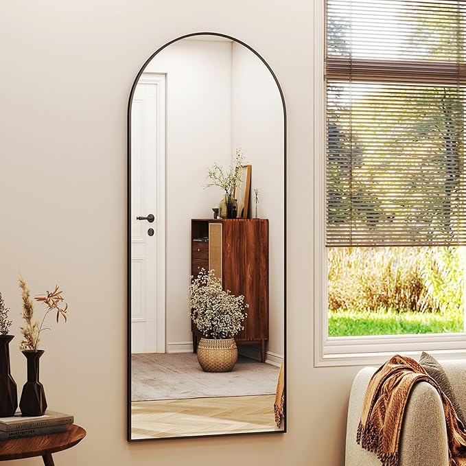 56"x21" Arched Full Length Mirror Floor Mirrors with Aluminum Alloy Frame Free-Standing Wall Mounted Floor Mirrors or Large Dressing Mirror, Black Mirror Full Length
