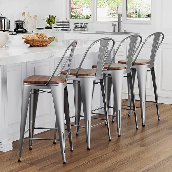 Yongqiang 30 inch Bar Stools Set of 4 Farmhouse Bar Height Stools High Back Kitchen Bar Chairs Silver Metal Barstools with Wooden Seat…