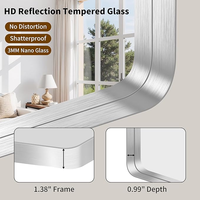 FORBATH 30x36 Inch Bathroom Mirror, Brushed Silver Deep Frame Wall Mirror with Rounded Corners, Anti-Rust Tempered Glass for Modern Farmhouse Vanity (Horizontal/Vertical Hanging)
