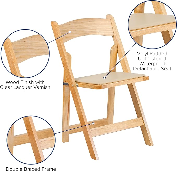 Flash Furniture 2 Pack HERCULES Series Natural Wood Folding Chair with Vinyl Padded Seat