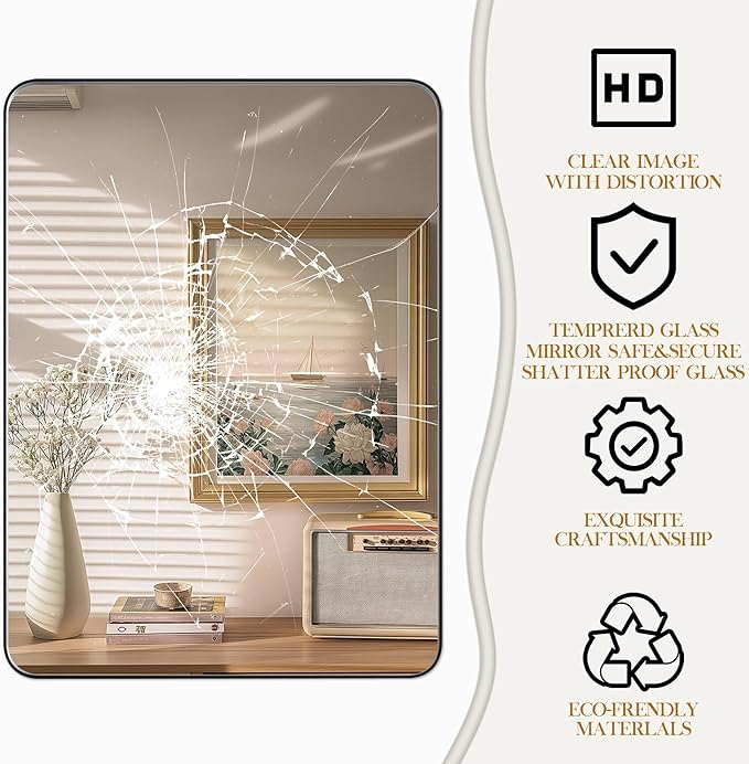 40×30 Black Bathroom Mirror, Rectangular Bathroom Vanity Mirror for Wall with Rounded Corners & Aluminum Alloy Frame, Tempered-Glass, Modern, Farmhouse, Horizontal/Vertical, Entryway, Bedroom