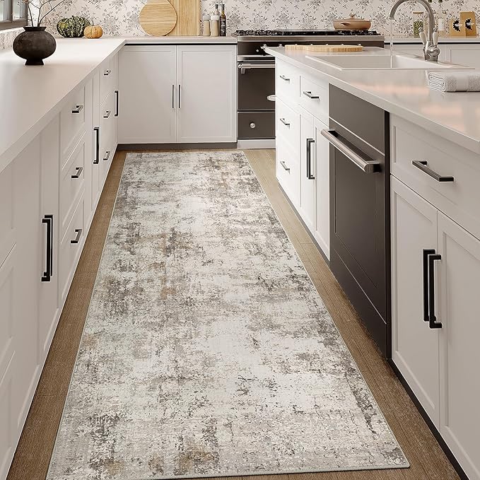 3x8 Washable Runner Rug Brown Grey Neutral Abstract Hallway Kitchen Living Room Bedroom Non Slip Throw Rug Soft Low Pile Indoor Carpet for Entrance Laundry Bathroom