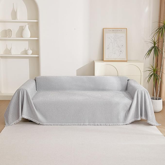 MYSKY HOME Light Gery Chenille Sofa Cover for Dogs Cats Tassel Edge Couch Cover Furniture Protectors for Pets Universal Couch Cover Thick Durable Sectional Couch Covers for 3 Cushion Couch, 71"x 134"