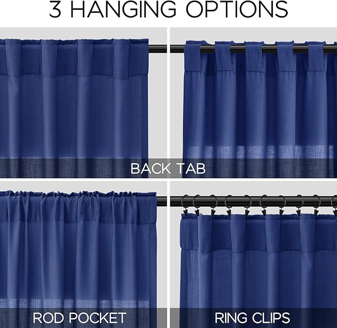 Nanspring Classic Blue Linen Curtains Semi Sheer 96 Inches Long 2 Panels Set - Image 2