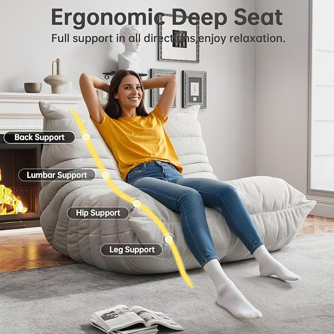 Bean Bag Chairs for Adults, BeanBag Reading Chair Memory Foam Couch, Floor Chair Soft Teddy Material, Comfy Reading Nook Chairs for Bedroom Living Room Office (White)