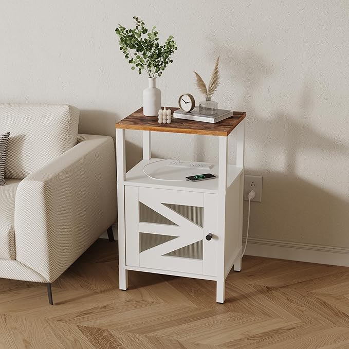Farmhouse Nightstand with Charging Station, White Bedside Table with USB&Type-C Ports and Outlets, End Table with Storage, Acrylic Door, for Bedroom, White and Rustic Brown ETRW97E01