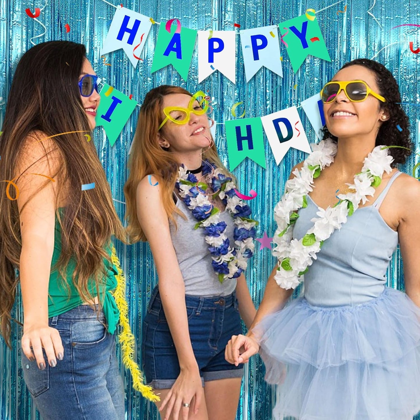 2 Pack Blue Streamers Party Decorations Tinsel Foil Fringe Curtains Photo Booth Celebration Birthday Decorations Ocean Party Decorations