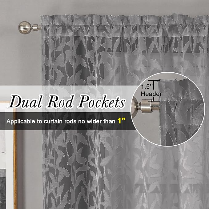 Lecloud Leia 36 Inch Charcoal Grey Sheer Curtains Tiers 2 Panels, Clip Textured - Image 2
