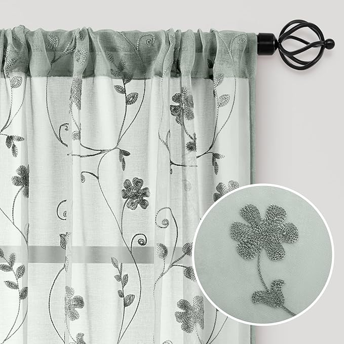 HOMEIDEAS Sage Green Sheer Curtains 96 Inches Long 2 Panels Embroidered Floral - Image 4