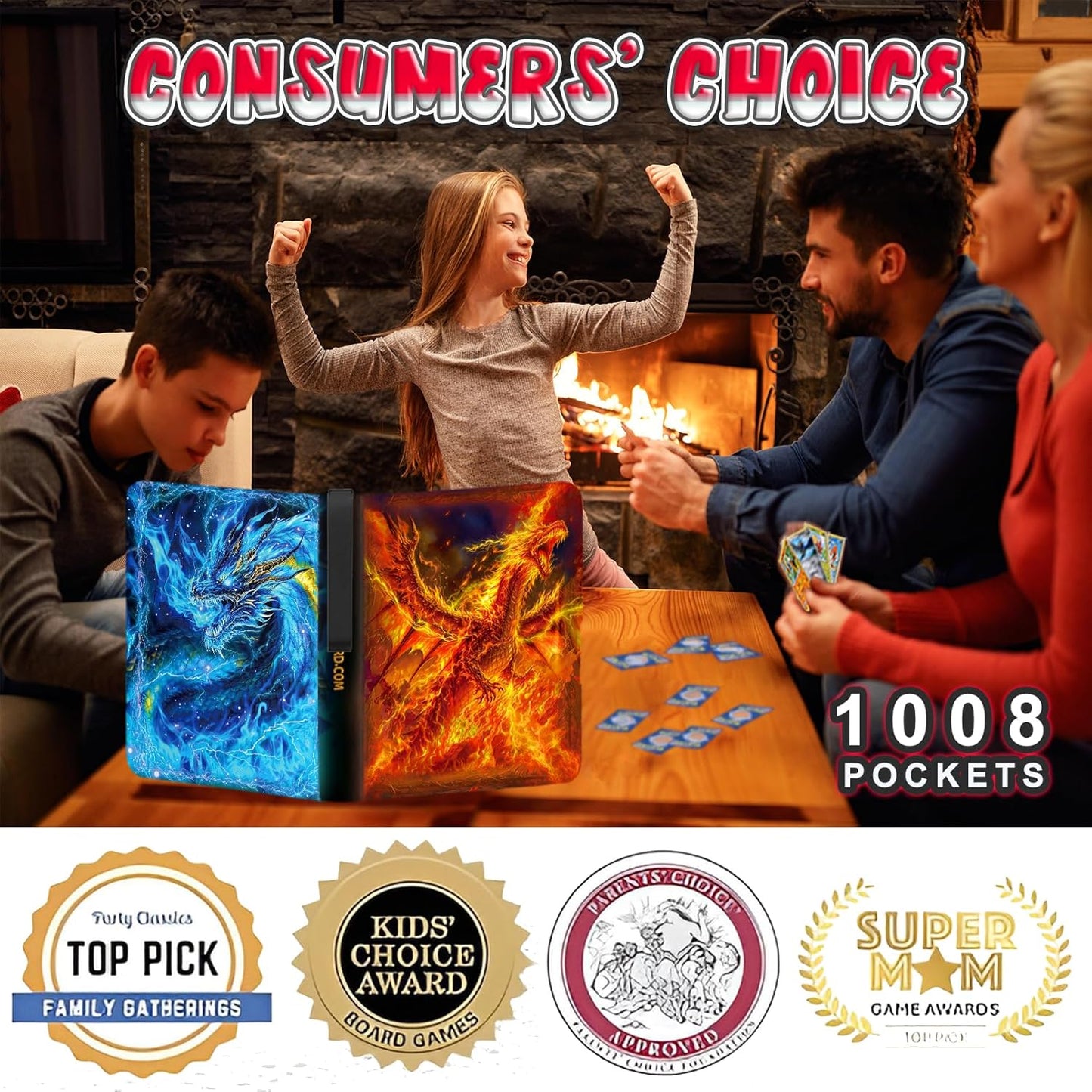 1008 Card Binder 9 Pocket, 3-Ring Trading Card Binder with 56 Page Removable Sleeves, High Storage Waterproof Trading Card Holder Collection Card Album Carrying Organizer Case for MTG TCG Cards -Fire