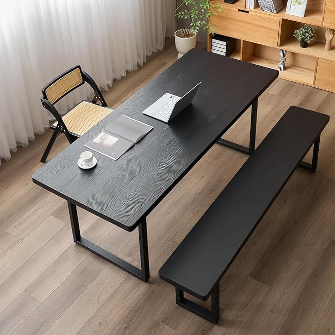 Black Bench Wooden Bench with Metal Legs Suitable for Dining Room Living Room Office Conference Room Indoor Stool Multiple （55.12in）
