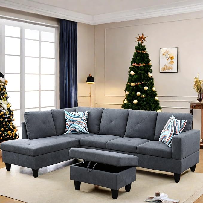 L Shaped Sectional Couch with Otttoman, 97" Sectional Sofa for Living Room Flannel Modular Couches with Cup Holders for Bedroom, Apartments, Dark Grey