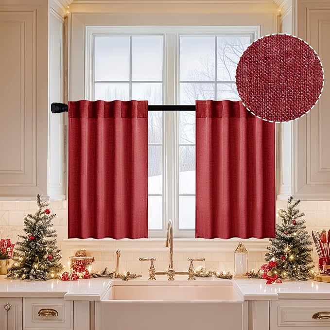 MIULEE Burgundy Red Kitchen Curtains 30 Inch Length 2 Panels, Soft Thick Linen by MIULEE