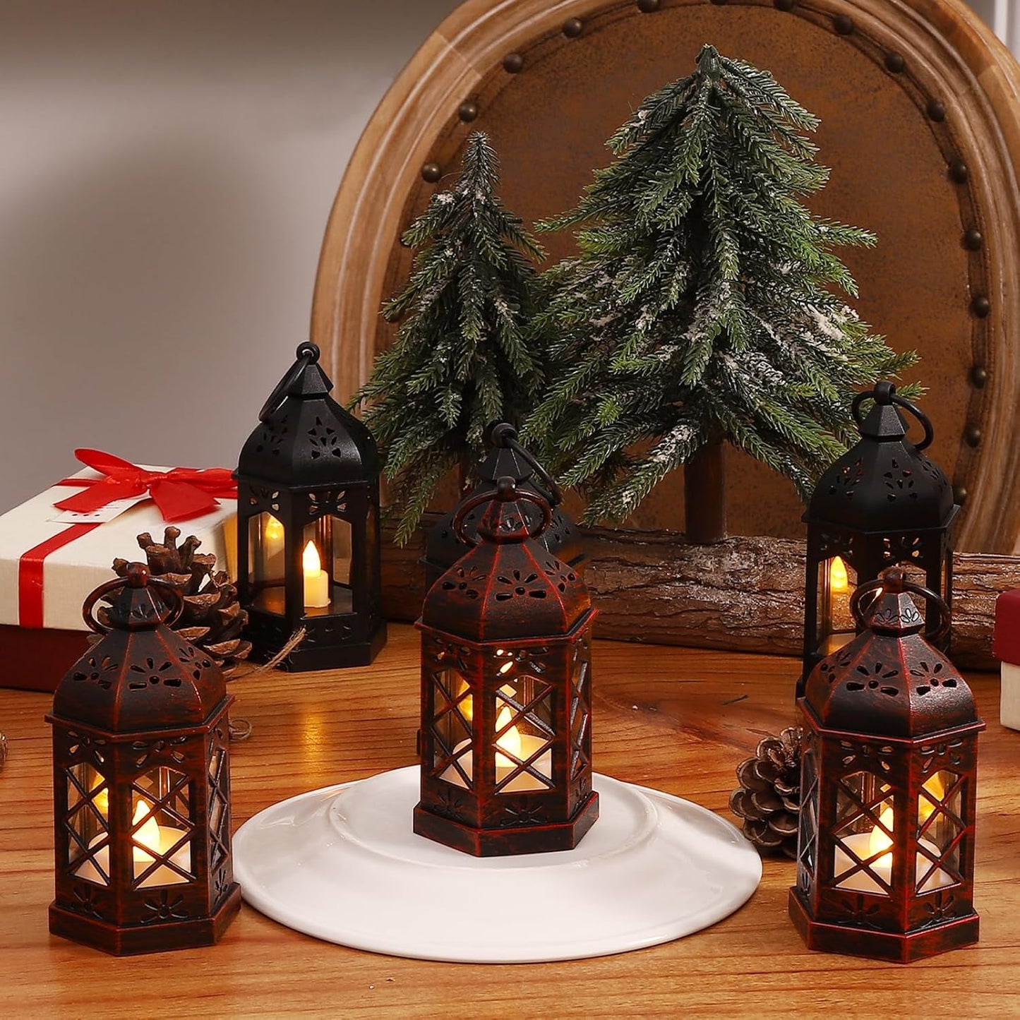 LLQ 12PCS Brushed Red Mini Lantern with LED Tealight for Halloween Decorations, Small Moroccan Lanterns for Wedding Decor, Vintage Christmas Lights for Table Centerpiece, Hanging Ornaments Bulk