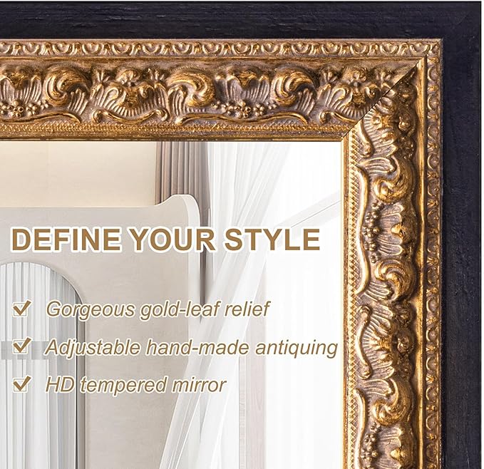 Vintage Gold Mirror 36”x24”, Black Decorative Mirror for Vanity with Gold Foil Carvings Solid Wooden Frame, Antique Handmade Aging, for Luxe Living Room, Entryway, Bathroom and Bedroom
