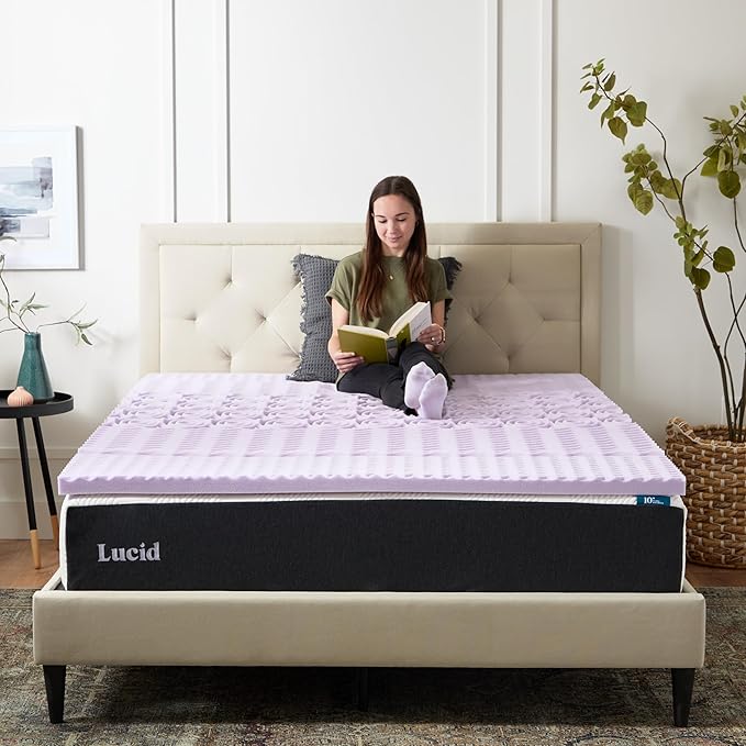 Lucid Lavender Infused 2 Inch Memory Foam Mattress Topper - Queen Size - Plush Feel - 5 Convoluted Zones - CertiPUR Certified - New Home Owner & Dorm Room Essentials