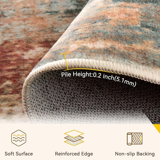 Washable Area Rugs 2'x10' Non-Slip Modern Abstract Soft for Living Room Entryway Bedroom Nursery, Print Pattern, Brown Rust Red Multi