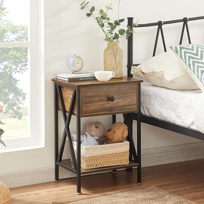VECELO Nightstands Set of 2, Modern Bedside End Tables, Night Stands with Drawer and Storage Shelf for Living Room Bedroom, Industrial Metal Frame