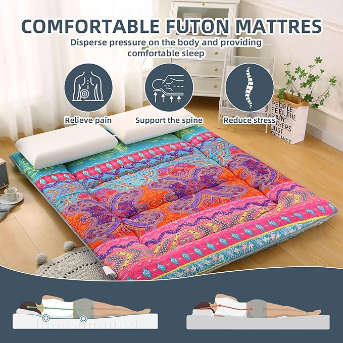 Bohemian Retro Japanese Floor Mattress, Vintage Floral Tatami Floor Mat, Portable Roll up Futon Mattress for Guest,Tavel (D,Twin 80" x 36")