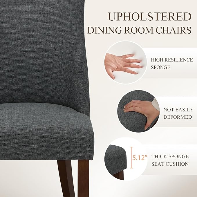COLAMY Upholstered Dining Chairs Set of 6, Mid Century Modern Kitchen Chairs with Back, Farmhouse Fabric Side Dining Room Chairs with Wood Legs for Dining Room Restaurant, Dark Grey