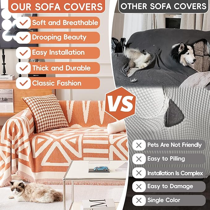 STACYPIK Reversible Caramel Sofa Cover Boho Triangle Couch Covers Non Slip Multi-use Furniture Protector for 2 Cushion Couch Jacquard Sofa Slipcovers Loveseat Couch Cover for Dog Pet-Friendly-71X118IN