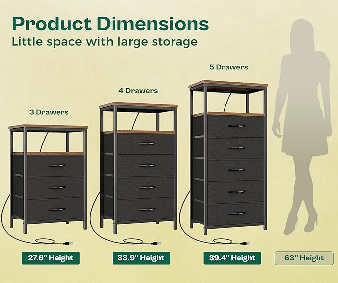 Huuger 5 Drawers Tall Dresser with Charging Station, Dresser for Bedroom, Tall Night Stand, Chest of Drawers with Open Shelf, Bedside Table Nightstand, Fabric, Rustic Brown and Black