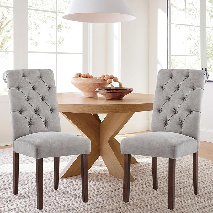 COLAMY Button Tufted Dining Chairs Set of 2, Parsons Upholstered Fabric Dining Room Chairs Kitchen Chairs with Wood Legs and Padded Seat, Light Grey
