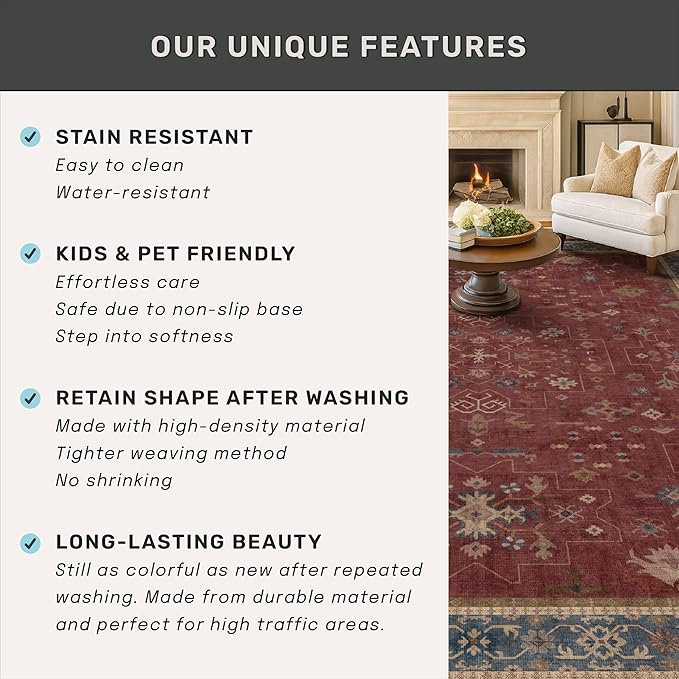 Moroccan Big Rugs for Living Room - Dark Red 10 x 14 Area Rug for Large Bedroom, Dining Room, Washable Lightweight Low Pile Foldable Oriental Burgendy Home Décor