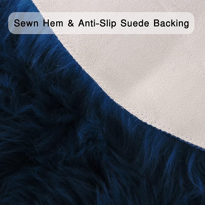 duduta Navy Blue Faux Sheepskin Round Rug 4x4 ft, Fluffy Shag Fur Bedroom - Image 3
