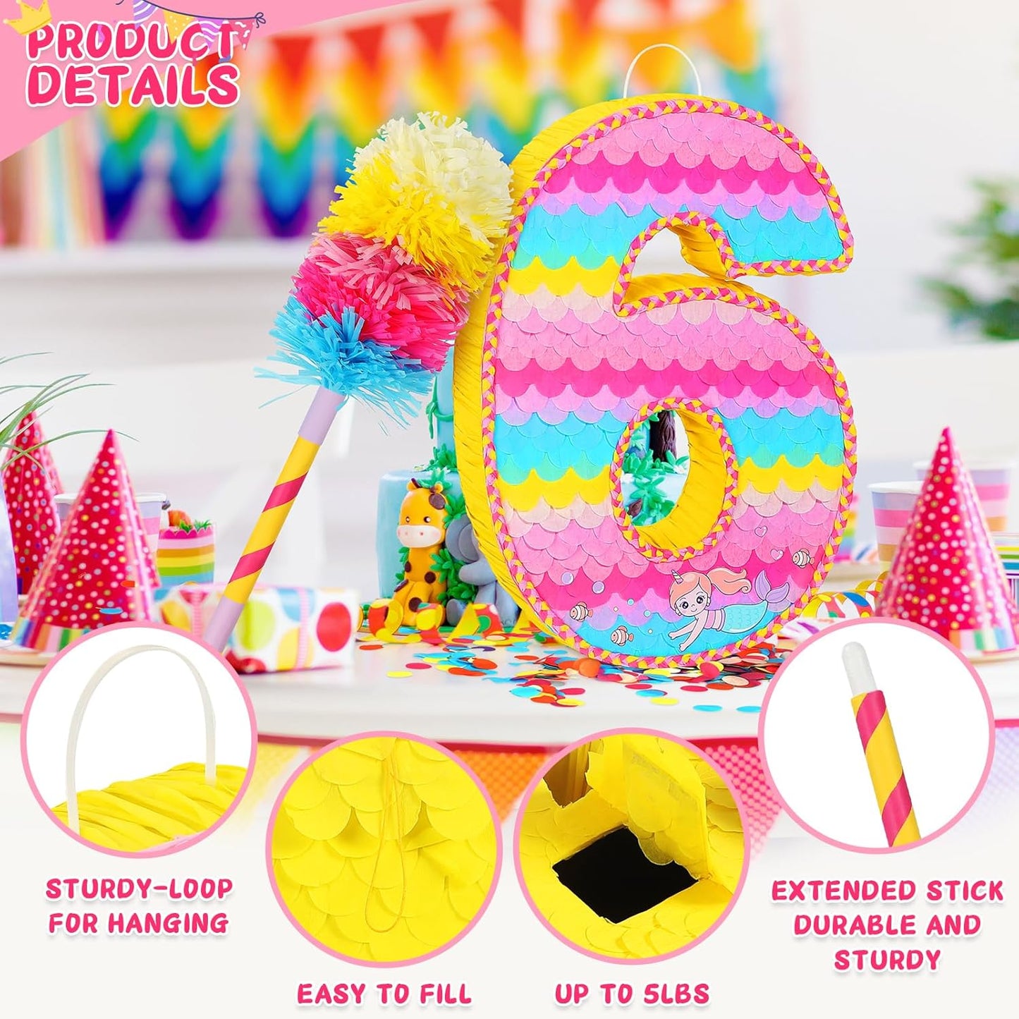 Number 6 Pinata for Birthday Party Decorations, Unicorn Mermaid Theme Pink Piñata Games Toy (6th)