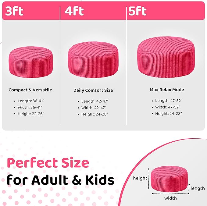 HABUTWAY 3FT Bean Bag Chair, 3' Large Bean Bag Chairs for Adults with Removable Stripe Plush Cover, Memory Foam Beanbag Chair for Living Room Bedroom Dorm (Pink)
