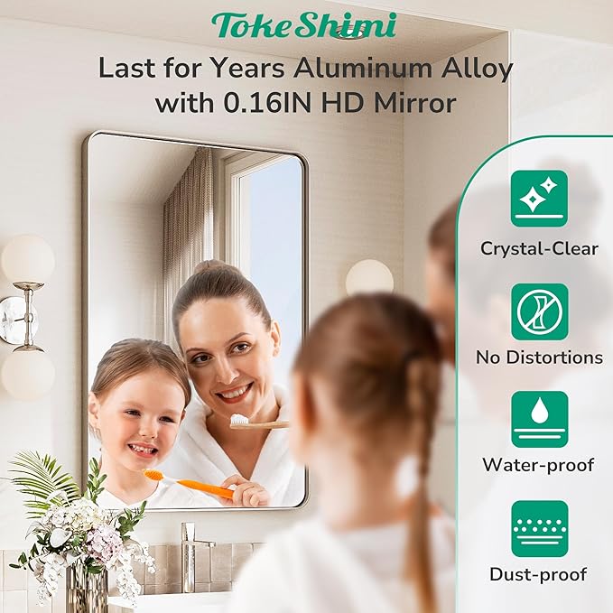TokeShimi 30x36 Brushed Nickel Mirror for Bathroom,Modern Bathroom Vanity Mirror,Tempered Glass,Aluminum Framed Mirror(Horizontal/Vertical)