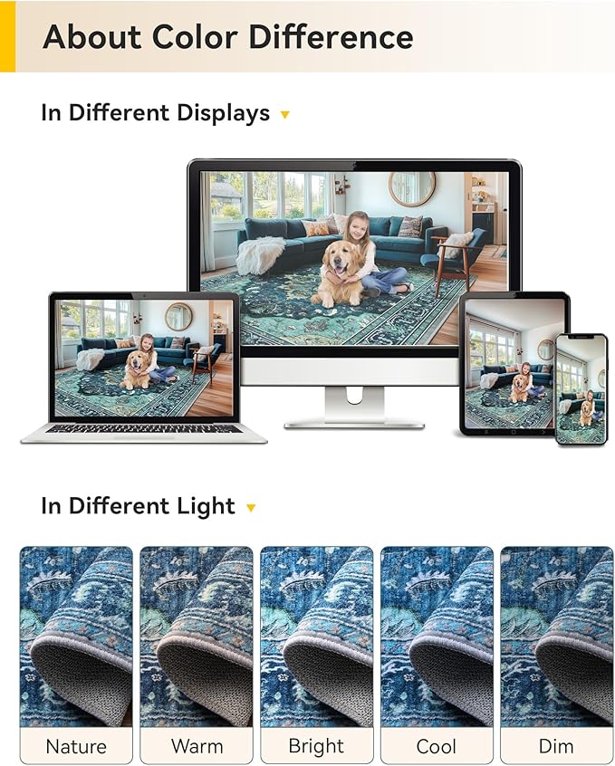 Area Rugs 8'x10' Washable Non-Slip, Floral Vintage Distress Print Pattern - Image 8