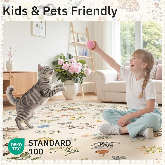 Cat 3x5 Area Rugs for Entryway, Machine Washable Animal Floral Accent Rug - Image 4