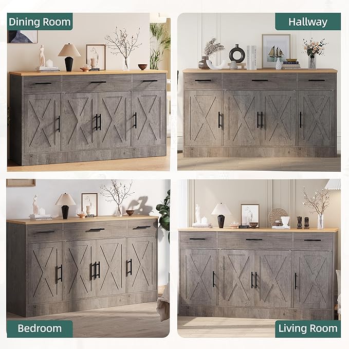 Shintenchi Sideboard Buffet Cabinet with Storage,53.4" Large Kitchen Buffet Storage Cabinet with 3 Drawers and 4 Doors,Wood Farmhouse Sideboard with Adjustable Shelf for Kitchen, Living Room,Grey